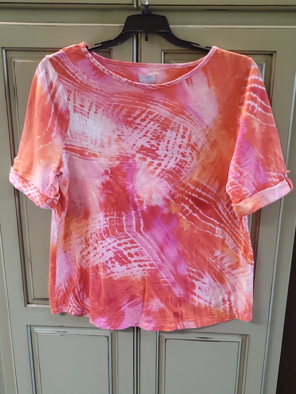 Chico's Pink & Orange Abstract Tie-Dye Short Sleeve Top